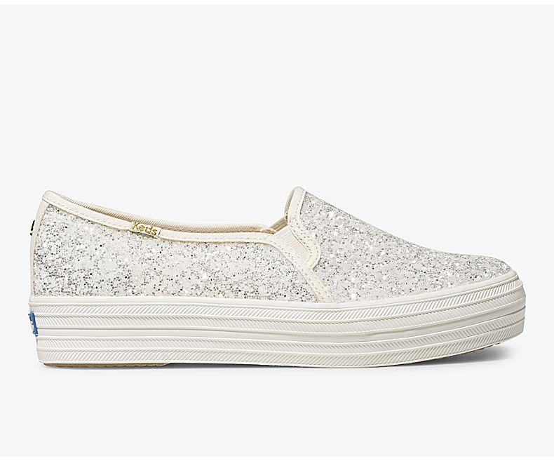 Keds Womens Cream Slip On Shoes - Keds X Kate Spade New York Triple Decker Glitter 187KGXJZR